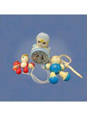 Vintage Mid Century Plastic Baby Crib Toy Pair and Clock